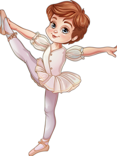 A cute little girl ballerina with short brown hair, wearing white and pink tights doing an arabesque pose in a full body shot, vector illustration in the style of Disney Pixar on a black background.