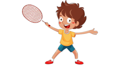 A boy playing badminton in the style of a cartoon, with simple lines, flat colors, and a black background. The drawing has simple details and no shadows, with a cute expression on the boy's face. He is wearing yellow short sleeves and blue shorts with red shoes on his feet. The boy has brown hair and white skin. There was light coming from the right side of his face. He held up one hand to hold onto the racket while smiling happily.