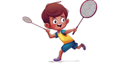 cartoon style, full body of boy playing badminton, in the style of two r GFX, black background, high resolution