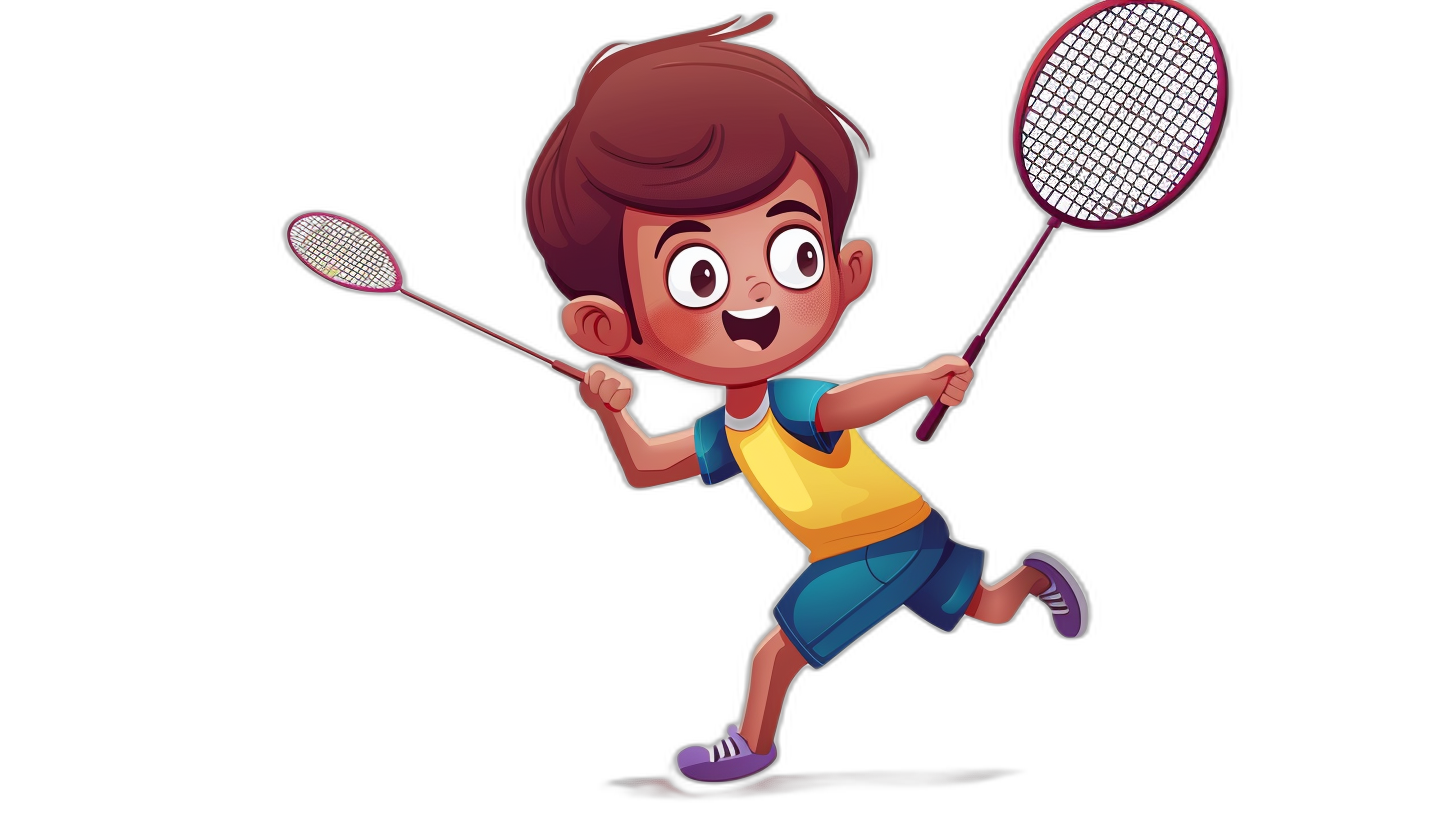 cartoon style, full body of boy playing badminton, in the style of two r GFX, black background, high resolution