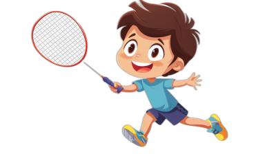 A cute little boy playing badminton in a cartoon style, vector illustration with a black background. The character is wearing a blue t-shirt and shorts, holding the racket in his hand ready to hit the shuttlecock, smiling happily. He has brown hair, big eyes, white skin tone and yellow shoes. There is some space around him for text or design.