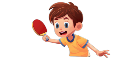 A cartoon boy playing table tennis is depicted, holding the racket in his hand and smiling happily at the camera against a black background. The illustration is in a flat style with simple lines, details, and colors typical of vector graphics. It is a 2D illustration in the style of Disney Pixar with a high-end color scheme. The image has a black border and white space around the characters. It is of the highest 8k quality.