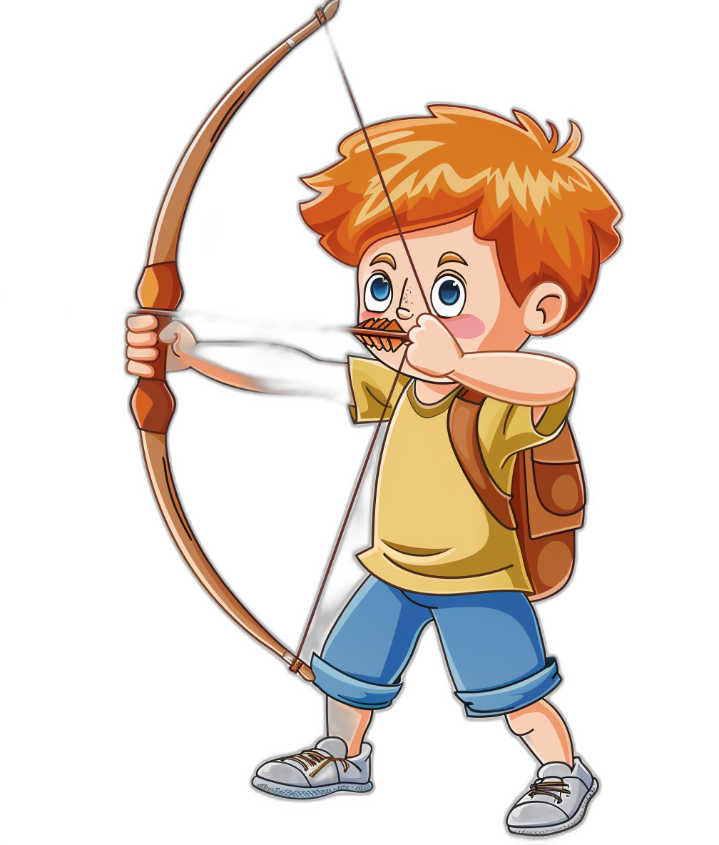 A cartoon boy with blue eyes and red hair, wearing shorts, a yellow t-shirt, and a brown backpack, holding an archery bow in his hand while shooting arrows in the style of clip art, isolated on a black background without shadow, a high resolution photo, quality photography.