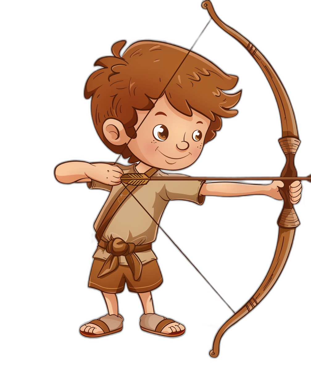 A cartoon illustration of an archer boy with brown hair, wearing simple  and holding a bow and arrow in his hand, in the clip art style isolated on a black background without shadow, as a high resolution photo, with quality photography.