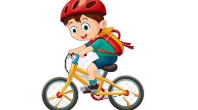 Cute cartoon boy riding a yellow bicycle with a red helmet and backpack isolated on a black background in the style of a vector illustration, flat design, png transparent background in the style of cute cartoon character designs, simple design, simple color scheme, simple shape design, simple shape vector design. A cute adorable little baby sitting on a bike with big eyes smiling wearing a white shirt and colorful pants looking happy and joyful in the style of a cute cartoon style.