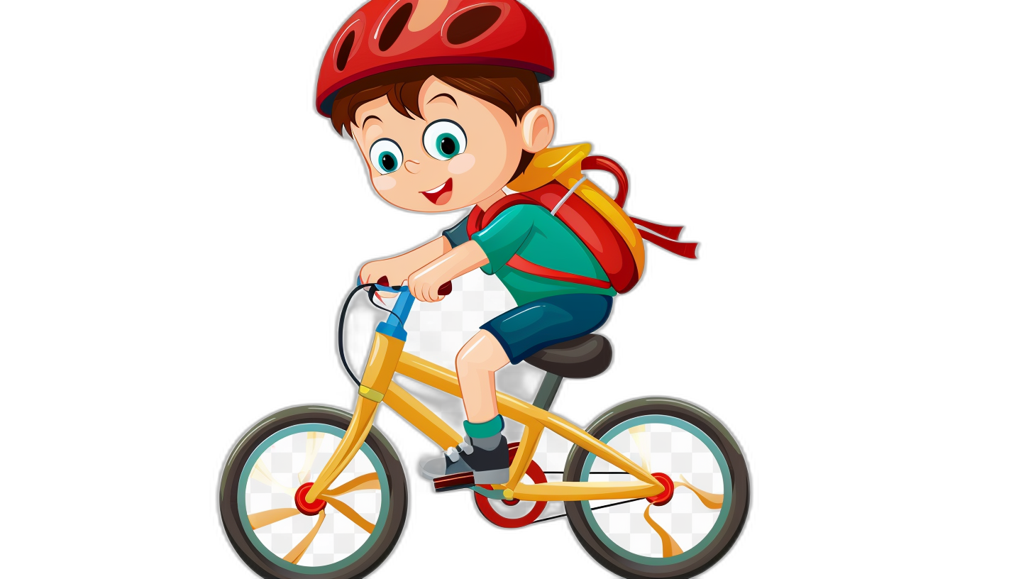 Cute cartoon boy riding a yellow bicycle with a red helmet and backpack isolated on a black background in the style of a vector illustration, flat design, png transparent background in the style of cute cartoon character designs, simple design, simple color scheme, simple shape design, simple shape vector design. A cute adorable little baby sitting on a bike with big eyes smiling wearing a white shirt and colorful pants looking happy and joyful in the style of a cute cartoon style.