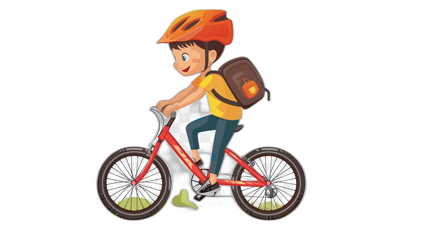 A cute cartoon boy on his bike wearing a helmet and backpack, a simple flat vector illustration with a black background, a 2D design in the style of Adobe Illustrator. The picture contains no text or letters, it is high resolution with no shadows and is of high quality. It is a full body shot, a full-length portrait with sharp focus in a hyper-realistic style.