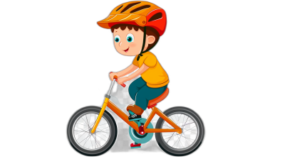A cute cartoon boy is riding an orange bike, wearing a helmet and a yellow shirt against a simple black background. The illustration is in the style of a vector style with flat colors and in the style of a 2D animation style.