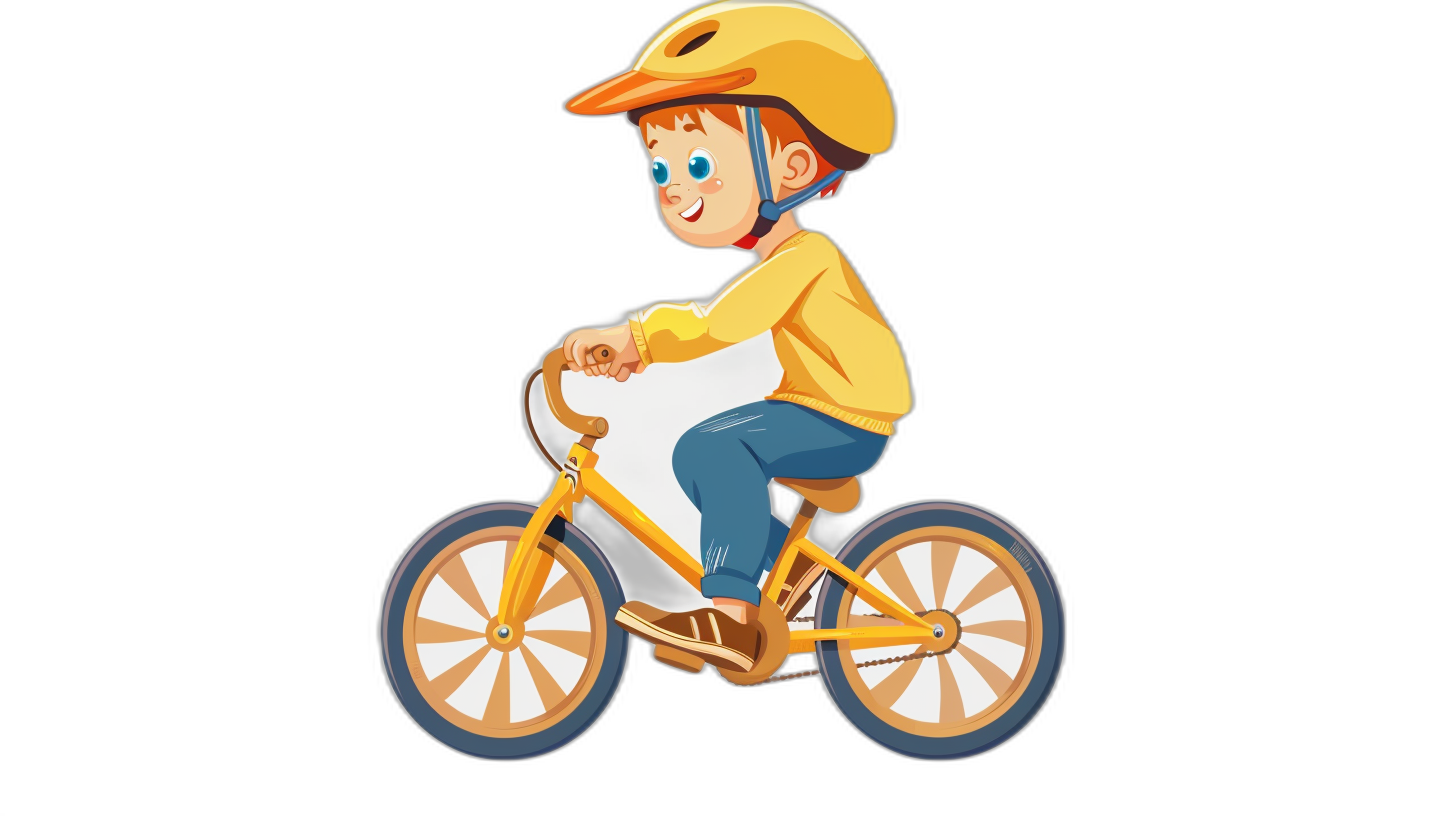 cartoon child boy riding bicycle with yellow helmet, side view on black background vector illustration in the style of +!+v5.0 s280 niji 6