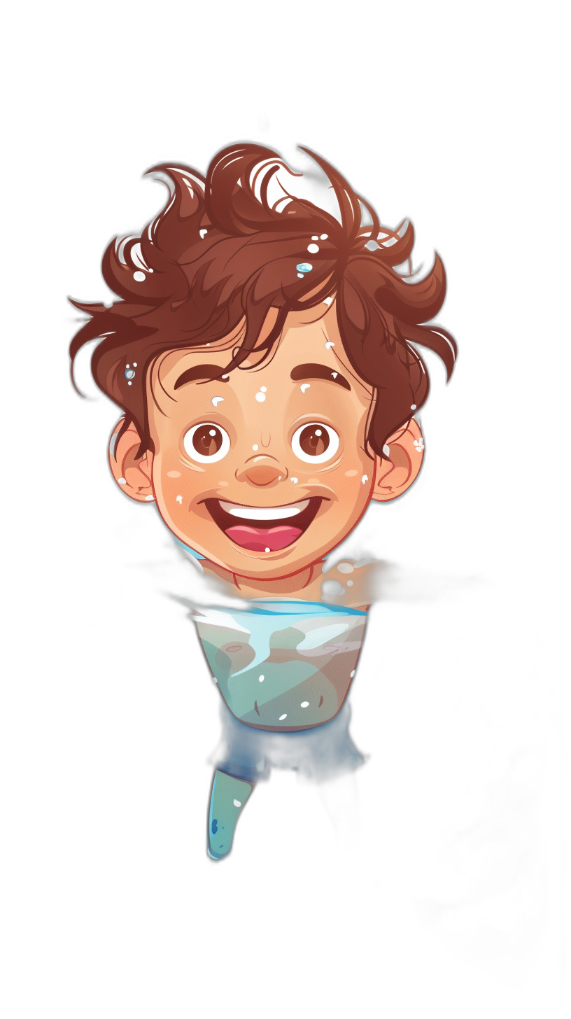 Cute cartoon avatar of the boy, smiling and floating in water with black background. The head is small, big eyes and brown hair. He wears white t-shirt with blue patterns on it. His expression was happy and cheerful. In his hands he held an ice cube that scattered around him, creating a cute atmosphere. Cartoon style. Pixar animation style. High resolution. Black isolated background.