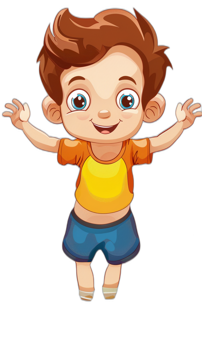 a cute cartoon of boy with brown hair, blue eyes and short  on black background, jumping up in the air with his arms outstretched to both sides , clip art style