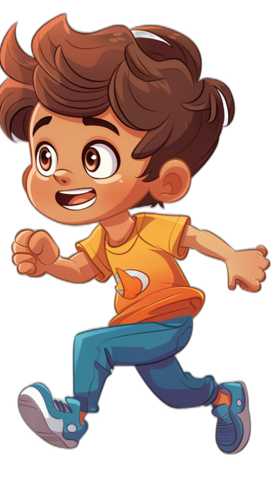 A cartoon character of an Indian boy with brown hair, he is running in blue jeans and an orange t-shirt, in the style of a children's book illustration, simple, cute, full color, black background, high contrast.