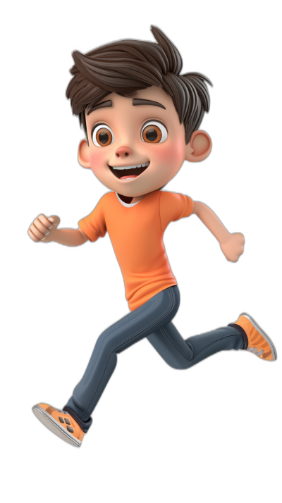 A cute boy is running and smiling happily with his eyes open as he looks at the camera. He is rendered in the style of Pixar, wearing an orange T-shirt, blue jeans, and black shoes against a simple background. The 3D rendering provides high definition, high resolution, and high detail for a best quality image with best details. It depicts a cartoon character with high-quality, full body portrait and full of vitality on a black background in the style of 2d game art.