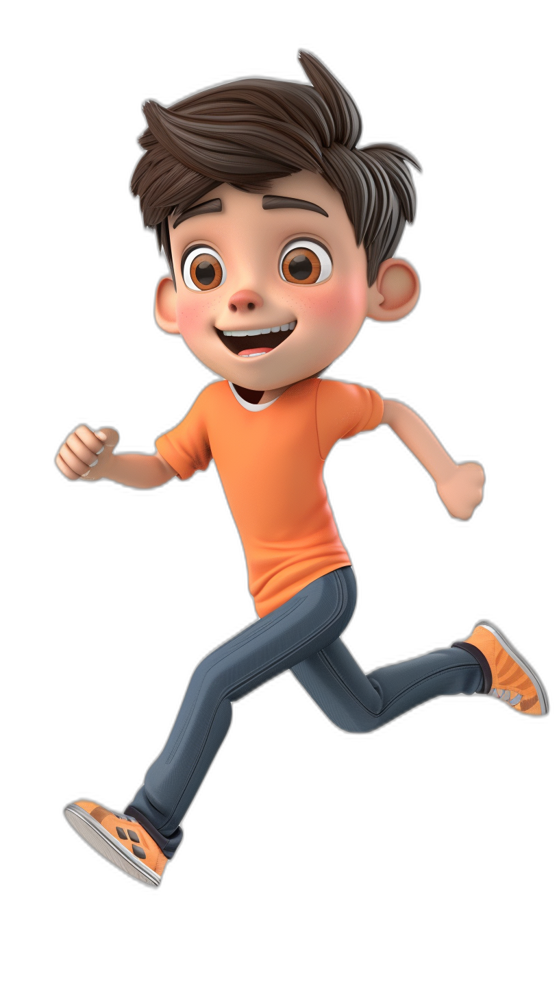 A cute boy is running and smiling happily with his eyes open as he looks at the camera. He is rendered in the style of Pixar, wearing an orange T-shirt, blue jeans, and black shoes against a simple background. The 3D rendering provides high definition, high resolution, and high detail for a best quality image with best details. It depicts a cartoon character with high-quality, full body portrait and full of vitality on a black background in the style of 2d game art.