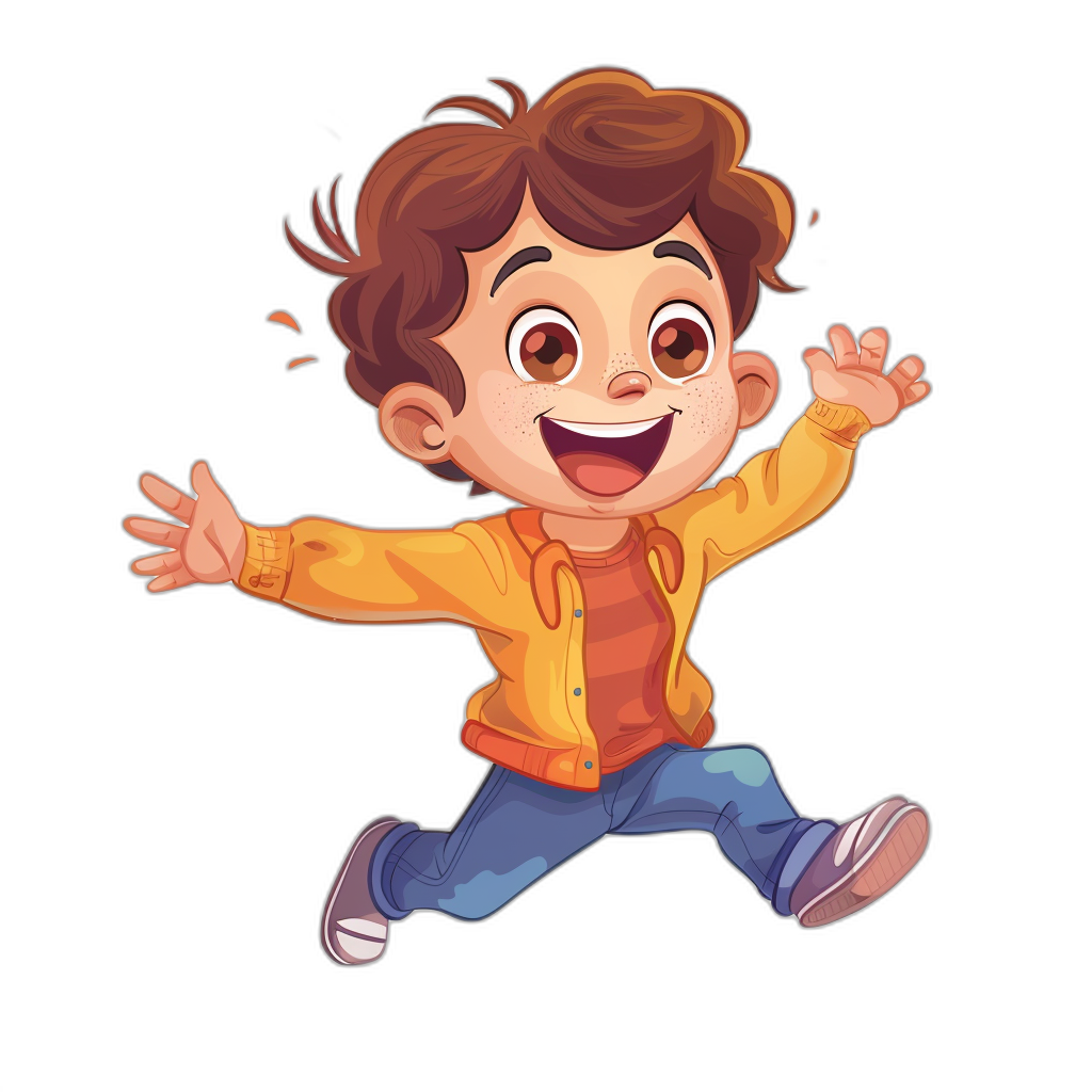 A cute cartoon boy is jumping up and laughing, with short brown hair, big eyes, wearing jeans and an orange jacket, on a black background, in the style of a flat illustration with simple lines, bright colors, and high-definition details.