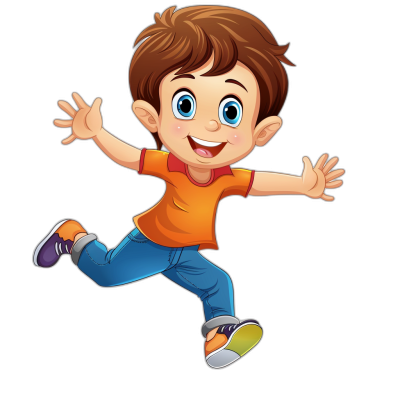 A cartoon boy is jumping, with brown hair and blue eyes wearing an orange shirt jeans white shoes smiling cartoon vector illustration on black background