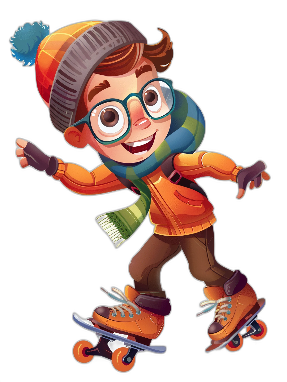 A cute cartoon illustration of a boy with glasses, wearing winter  and a scarf on roller skates against an isolated black background, in the style of Pixar.