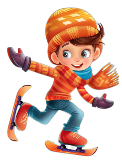 A cartoon boy wearing an orange hat and striped sweater is riding on his snowboard, with a black background. He has blue eyes, dark brown hair, gloves, shoes in red color and sneakers with purple laces. The style of the illustration should be colorful and vibrant, suitable for children's books or animation. The style of the illustration should be in the style of colorful and vibrant.