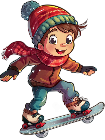 A cartoon-style illustration of an animated boy wearing winter , with his hair tied back in short brown locks, he is riding on a skateboard against an isolated black background, in the style of character design. The artwork should have bold outlines, vibrant colors typical for children's book illustrations, and capture a sense of movement as if it was created in the style of digital animation software. This gives him a cool skater vibe, he has a red scarf around his neck and a colorful beanie hat on his head.