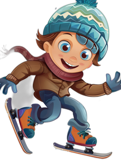 A cartoon boy with blue eyes and brown hair, wearing winter  like gloves, scarves and a hat on his head is skating down the ice rink on an orange skateboard, smiling happily. He has bright colors, a black background, a simple style, and high definition. The design of characters should be simple without any complex details or textures. It's designed for children to play games with a cute character. The style is of a high definition, fairy tale book illustration.