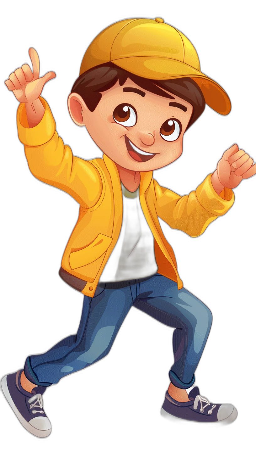 cartoon boy in a yellow jacket and blue jeans, wearing a baseball cap, in a dancing pose, against a black background, in the style of Disney cartoon drawing