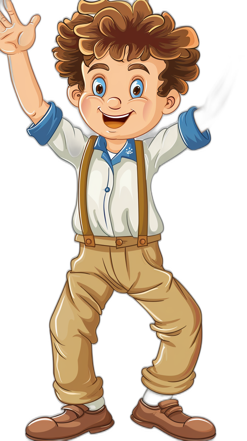 vector cartoon of brown curly hair boy, blue eyes wearing white shirt with suspenders and tan pants smiling waving black background full body