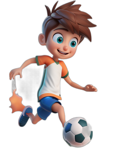 A boy playing football in a cartoon character design with a black background in a cute style in the style of Disney Pixar animation, wearing a white and orange short-sleeved t-shirt, blue shorts, brown hair, in a running pose kicking the ball in his right hand, black shoes on his feet, with a smiling face expression, big eyes, a full body portrait with bright colors, 3D rendering with a high definition resolution, full of vitality with a lively atmosphere, in .