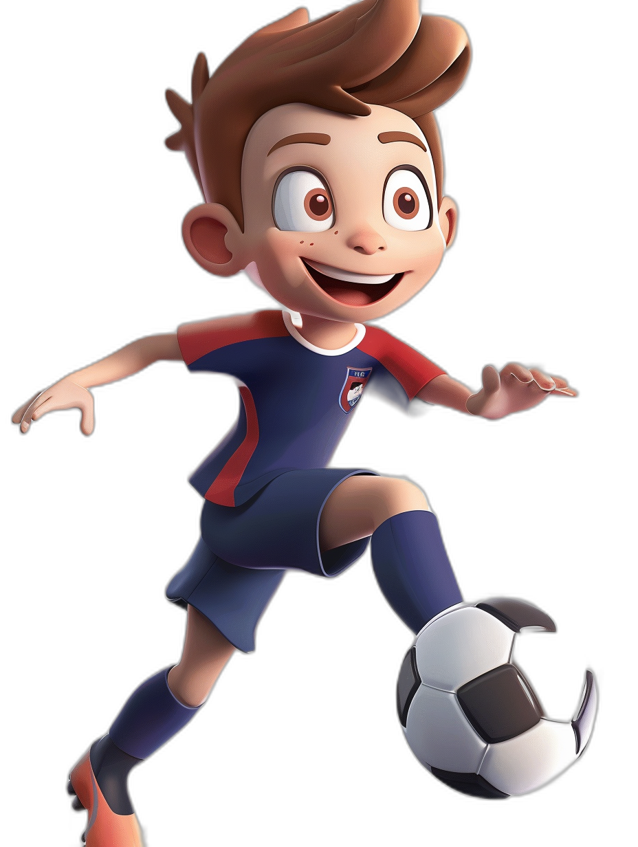 The most beautiful cartoon character of a boy playing football, wearing a blue and red jersey with a black background. The style is cartoon, with 3D rendering in the style of Disney Pixar. The art depicts a 20 year old boy with short brown hair and brown eyes, white skin tone, and a smiling expression with a big smile. He is shooting a soccer ball while wearing black shoes and black pants.