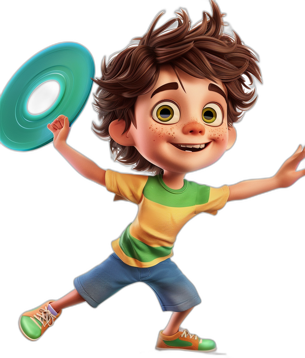 A cute boy with brown hair and green eyes is playing frisbee in the style of Disney Pixar. The cartoon character design shows his full body on a black background. His colorful  includes simple blue shoes and simple pants. Bright colors are used with 3D rendering at high resolution, quality, detail and noise.