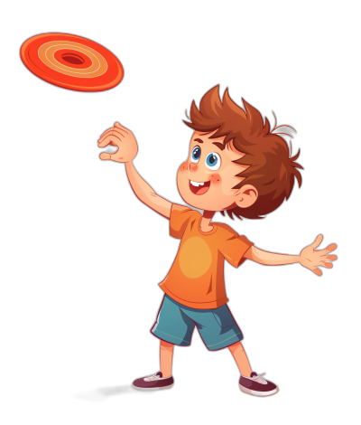 A cartoon boy playing frisbee, vector illustration style on a black background, simple and cute, with short hair, an orange t-shirt and blue shorts. He is smiling while holding the frisbee in his hand and throwing it into the air. The colors of the character should be bright and cheerful to create an energetic atmosphere for children's books or game illustrations. This design could convey joy and fun through its vibrant color palette and playful elements in the style of .