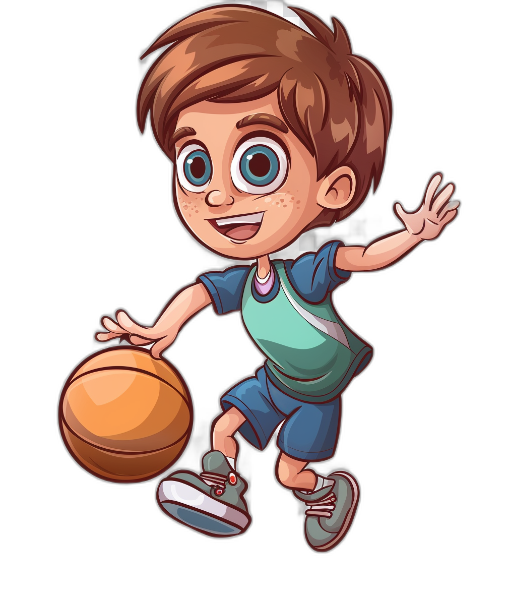 A cute little boy playing basketball in the style of cartoon vector illustration on a black background.