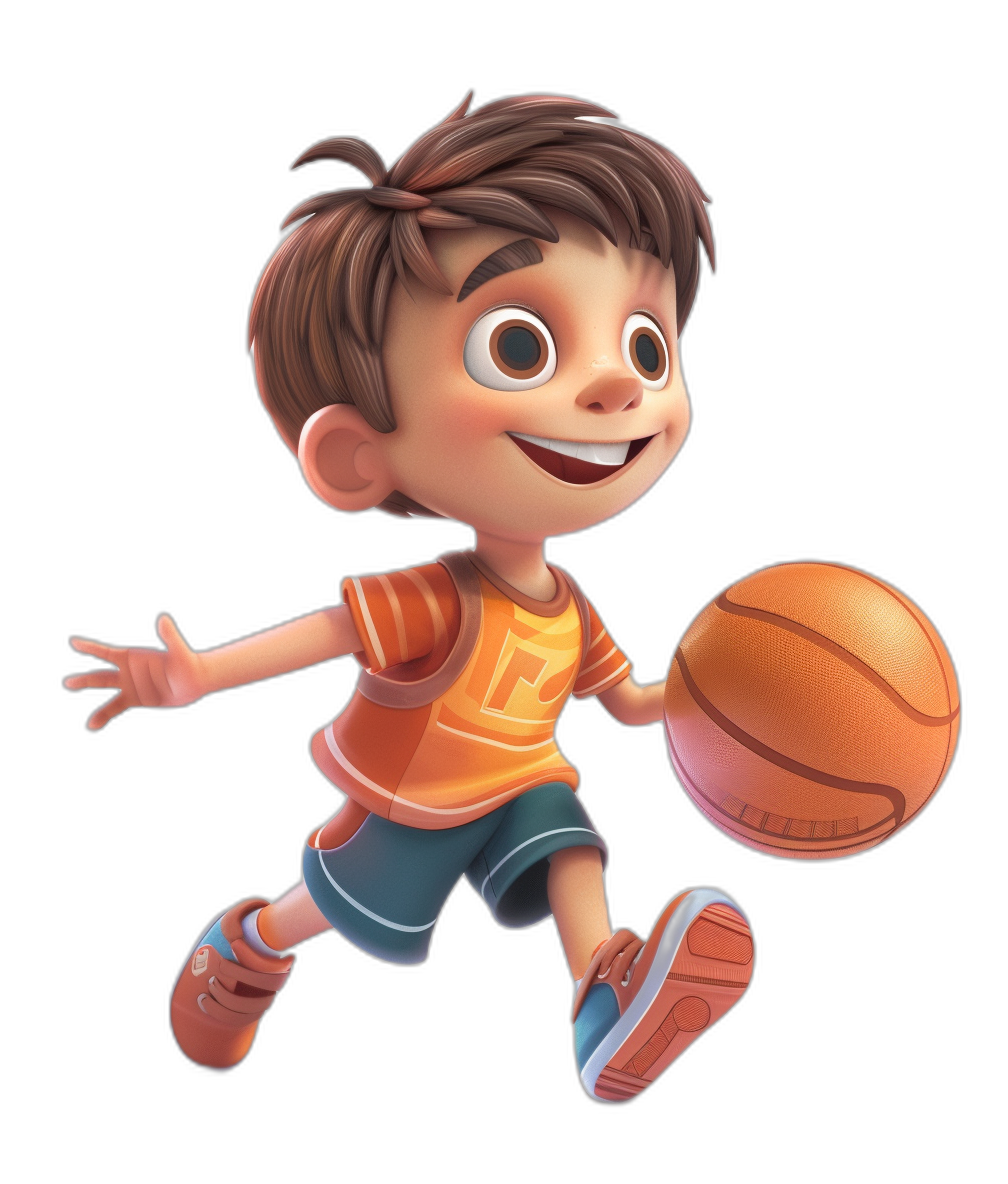 A cute boy is playing basketball, smiling and running with the ball in his hand. He has short brown hair, wearing an orange t-shirt, blue shorts, and red sneakers on a black background. The design is in the style of Disney cartoons with 3D rendering, high resolution, high quality, showing his full body portrait with a cute expression and colorful colors in natural lighting with soft shadows.