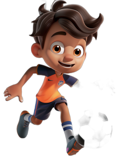 An animated character of a boy with brown hair, wearing an orange and navy blue football outfit, playing soccer on a black background in the cartoon style, Pixar style, and Disney style with 3D rendering at a highly detailed, full body shot. The boy has a cute face with big eyes and a smiling, happy expression in full color with a white skin tone.