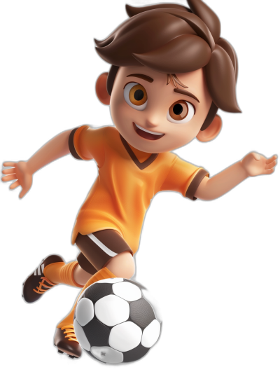 A cute cartoon of a boy playing soccer, with brown hair and an orange shirt, on a black background, in the style of Disney Pixar, rendered in 3D.