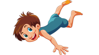 A cartoon boy falling down, vector illustration with black background. He is wearing blue shorts and has brown hair, he smiles at the camera while his body falls to one side. The style of clipart will be used for creating a playful animated video about motion blur in animation. This character should appear on an isolated white or transparent background. It's important that all elements fit seamlessly together, showcasing the unique characteristics of each element. The overall design must convey fun