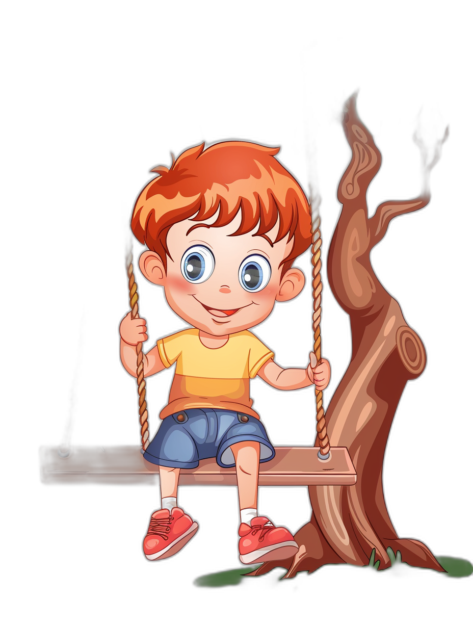 A cute cartoon of a happy little boy with red hair sitting on a tree swing set, vector illustration, black background, in the style of 2d art.