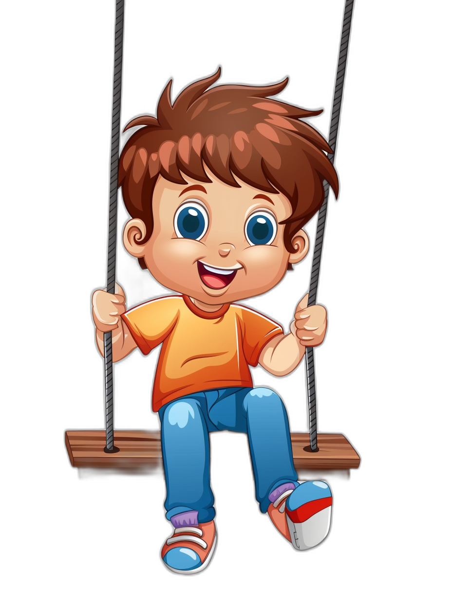 A cute happy cartoon kid sitting on the swing, with an isolated black background, in the clip art style.