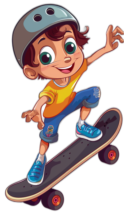 cartoon child on skateboard, vector illustration, clip art for stickers, black background, hd