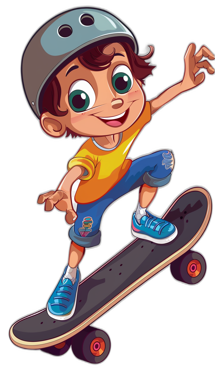 cartoon child on skateboard, vector illustration, clip art for stickers, black background, hd