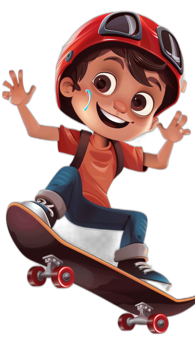 A cute boy wearing a helmet and carrying a skateboard, with a happy facial expression, in the style of a cartoon character with a black background, in the style of 2D game art, in the Disney Pixar animation style, showing his full body jumping on the board, wearing a red shirt, blue jeans, and white sneakers. He has big eyes and a wide smile, wearing dark sunglasses on his head in front of him. The overall color scheme is bright and vibrant, with a strong sense of light and shadow.