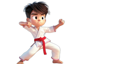 cartoon style of a little boy with brown hair in a white karate outfit doing a red belt on a black background, in the style of Pixar cartoon, 3d rendered, high resolution, cute and adorable