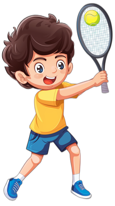 A cute boy playing tennis in the style of a cartoon, with a simple drawing on a black background as a full body shot in a vector illustration flat design. He is colorfully dressed with short hair, holding a racket and hitting the ball while wearing blue shoes and having a happy expression with a smiling face. Using flat color blocks and graphic illustrations reminiscent of children's book images. A cute little girl in a yellow T-shirt is playing tennis on a white background in the style of a vector illustration with simple lines. She is full of vitality! It has a high resolution of 30k.