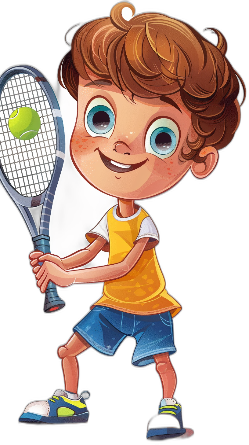 Cartoon illustration of a little boy playing tennis in a clip art style, cute and colorful, on a black background. The big head cartoon character has short hair, bright blue eyes, holding a racket in his hand and smiling happily. He is wearing a yellow t-shirt, shorts, sneakers and white shoes. High resolution, very detailed, vibrant colors, cheerful mood.