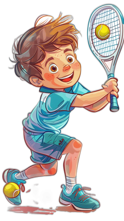 Illustration of a smiling boy playing tennis in the style of a cartoon children's book illustration. The full color image has a simple black background and is high resolution.