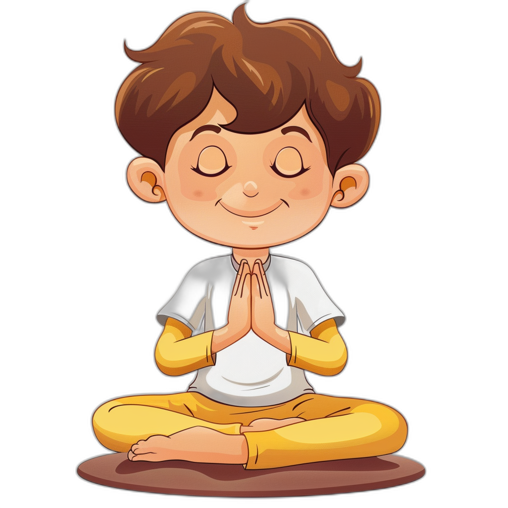 A cartoon boy meditating, vector illustration with black background. The character has brown hair and is wearing yellow pants and white t-shirt. He’s sitting in the lotus position with his hands folded together at chest level. His eyes are closed and he looks calm while doing yoga pose.