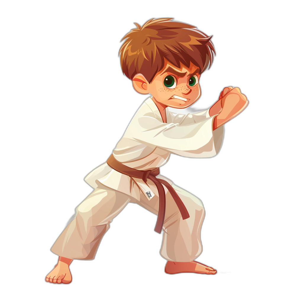 A little boy in white karate , brown belt and green eyes is practicing the left side kick. He has short hair with bangs. In the style of a cartoon on a black background. The character must be cute and cartoonish.