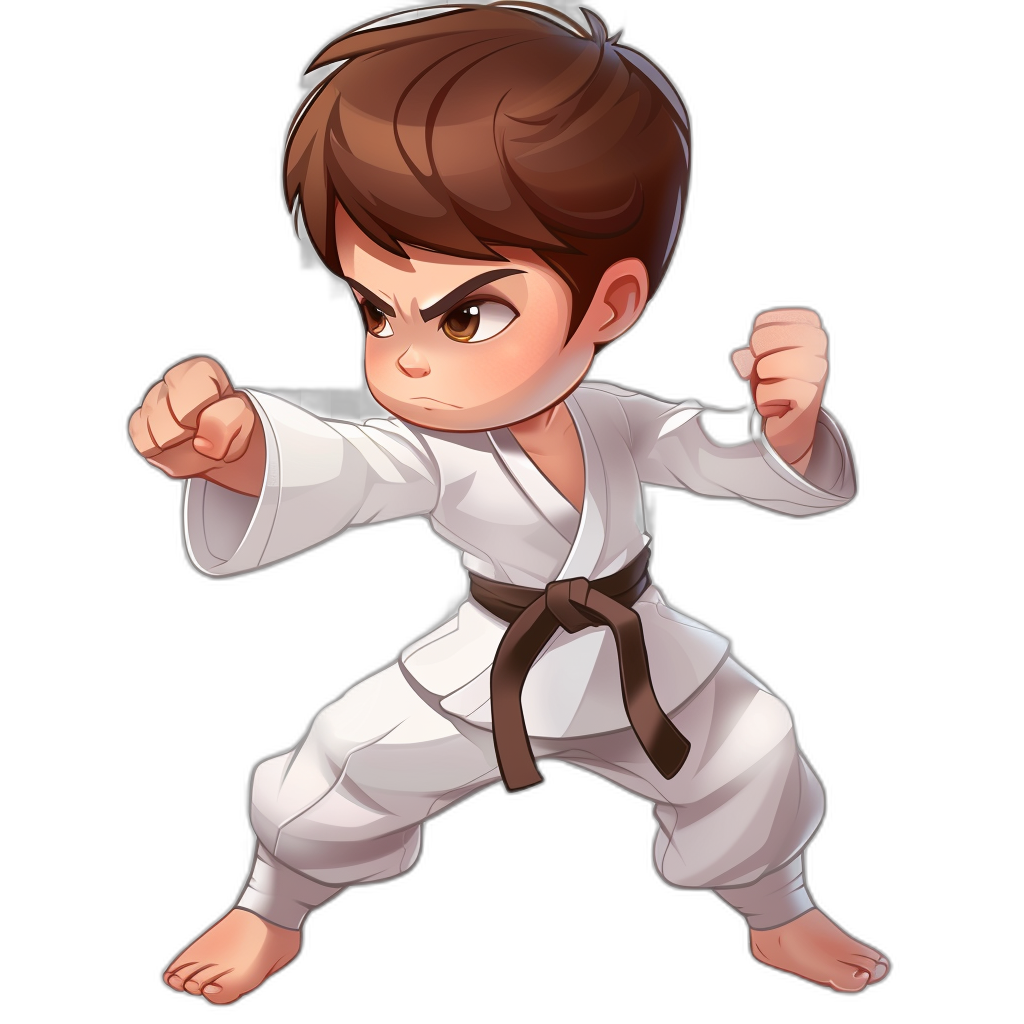 A little boy in white karate  with brown hair is practicing fighting stance in the style of chibi style character design, in the style of cartoon realism, with a black background, with a simple design, as a full body portrait, as a cartoon illustration, as 2D game art.