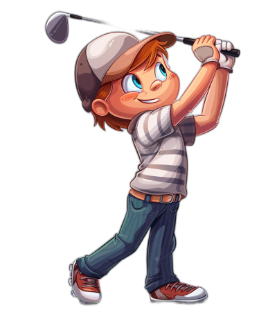 A cartoon boy playing golf in a full body shot against a black background in the style of 2D game art. The style features caricature faces and simple, colorful illustrations with cartoon character designs using bold and vibrant colors at a high resolution. The cartoon style includes cute and adorable elements such as the boy wearing a white t-shirt, blue jeans, red shoes and a grey cap as he swings the golf club in his hand.