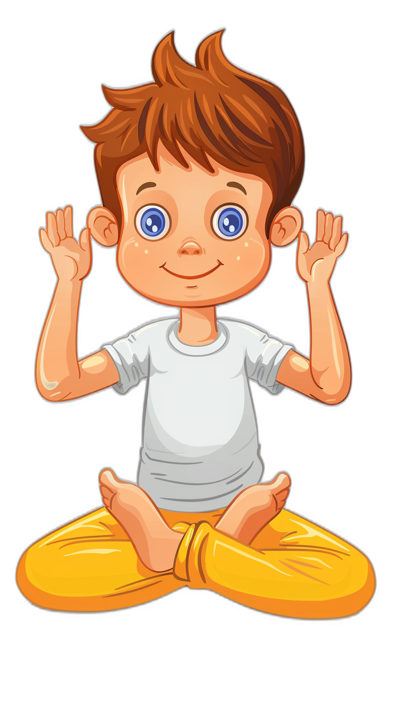 cartoon style, vector design of boy doing yoga on black background. The little girl has short brown hair and blue eyes wearing white tshirt with yellow pants. He is smiling while sitting cross-legged in the lotus position with his hands up. His fingers should be straight but not tight together. Vector illustration for print on dark background