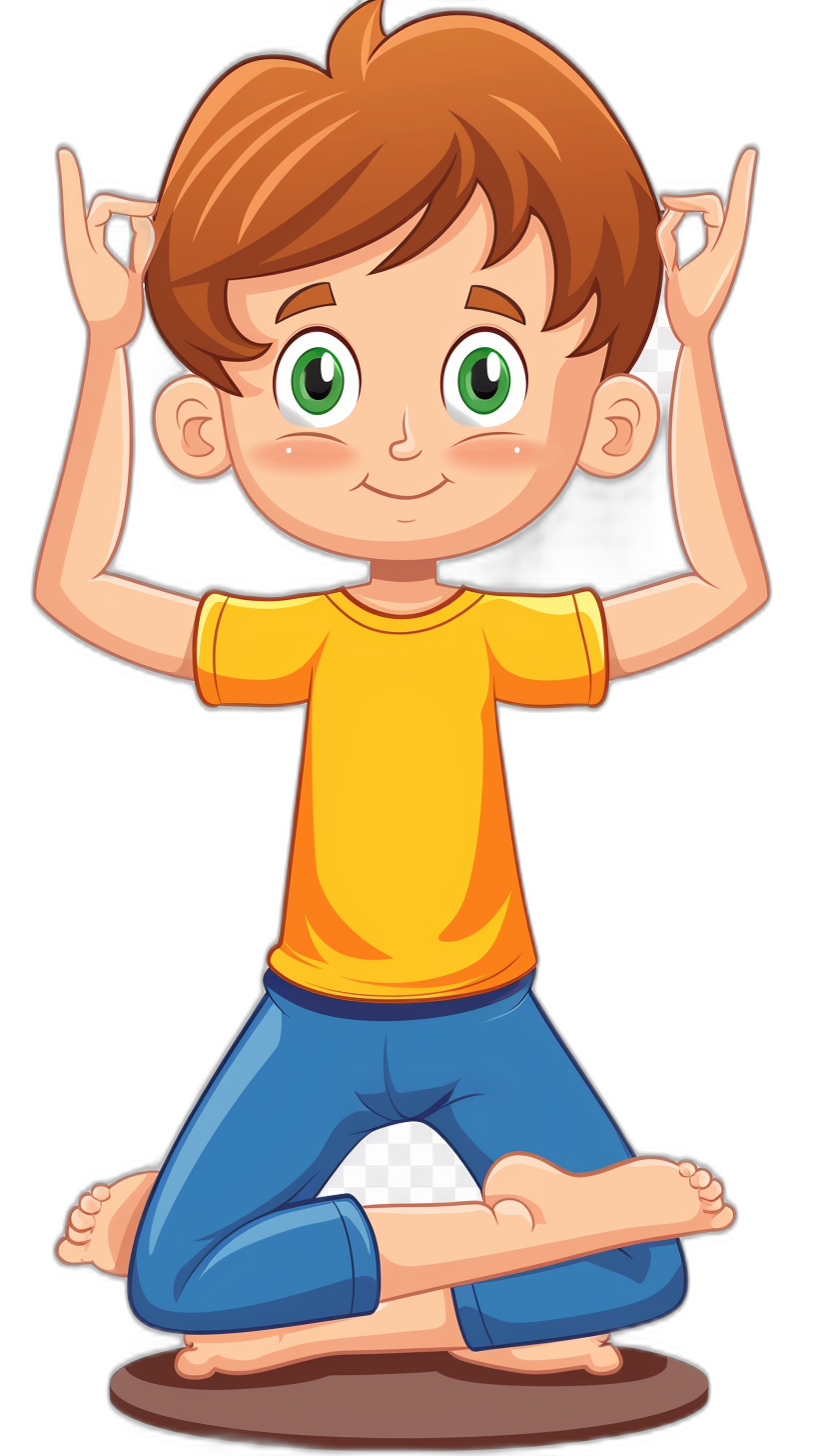 A cute cartoon boy doing yoga, clip art style, vector illustration for children’s book on black background